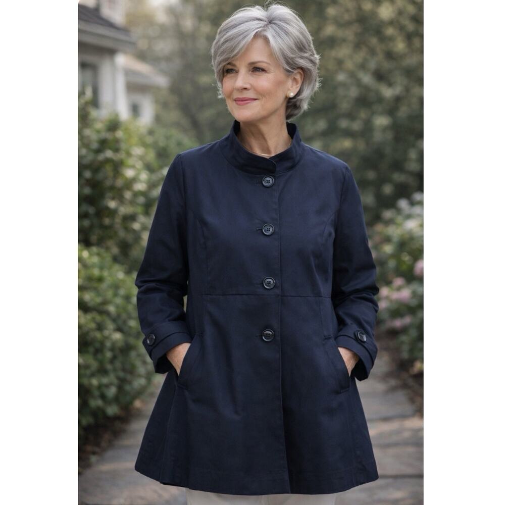 Talbots Cotton Swing Trench Coat Navy Blue Sz 12 Classic Chic Timeless Jacket